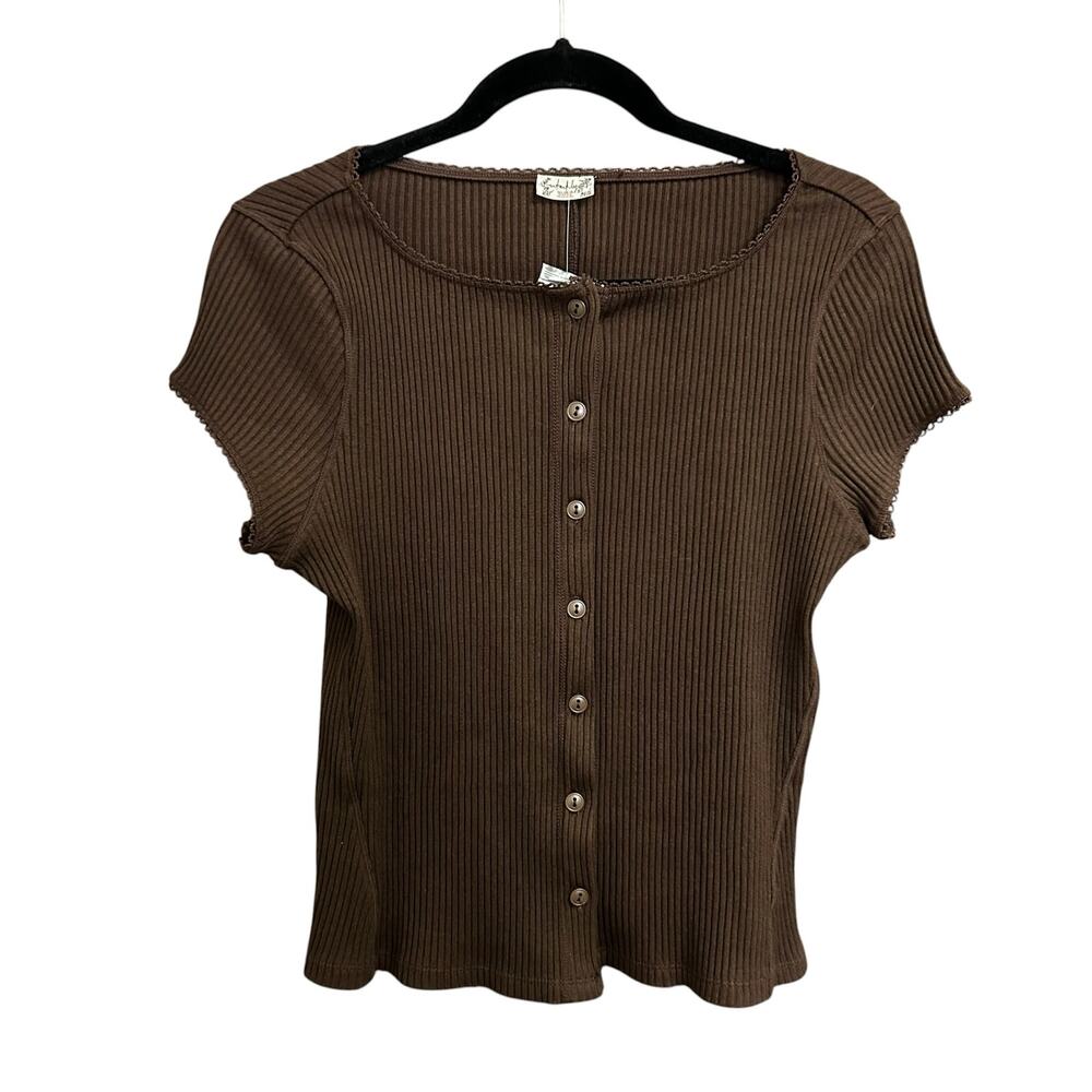 NWT Intimately Free People Chocolate Brown Button Front Ribbed Top Womens Large
